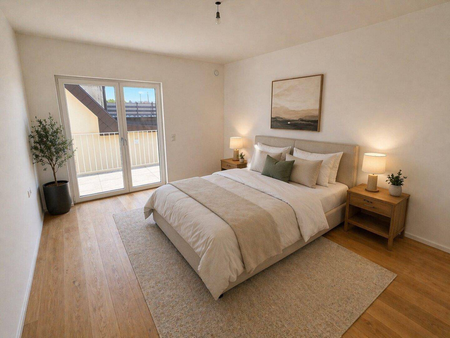 Geräumiges Schlafzimmer mit Holzboden, Doppelbett und Zugang zu einem sonnigen Balkon.