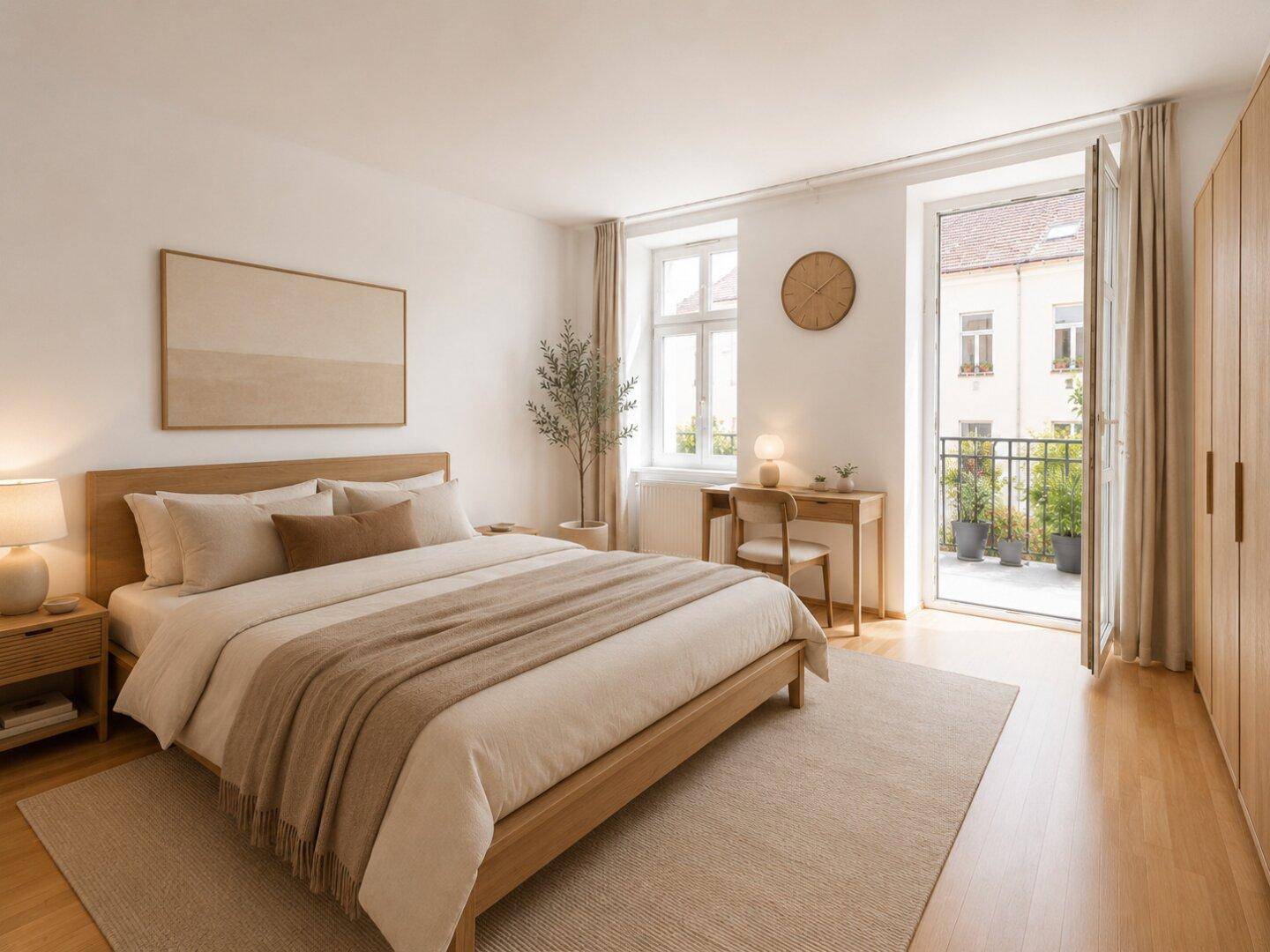 Helles Schlafzimmer mit Holzboden, großem Bett, Schreibtisch und Zugang zum Balkon.