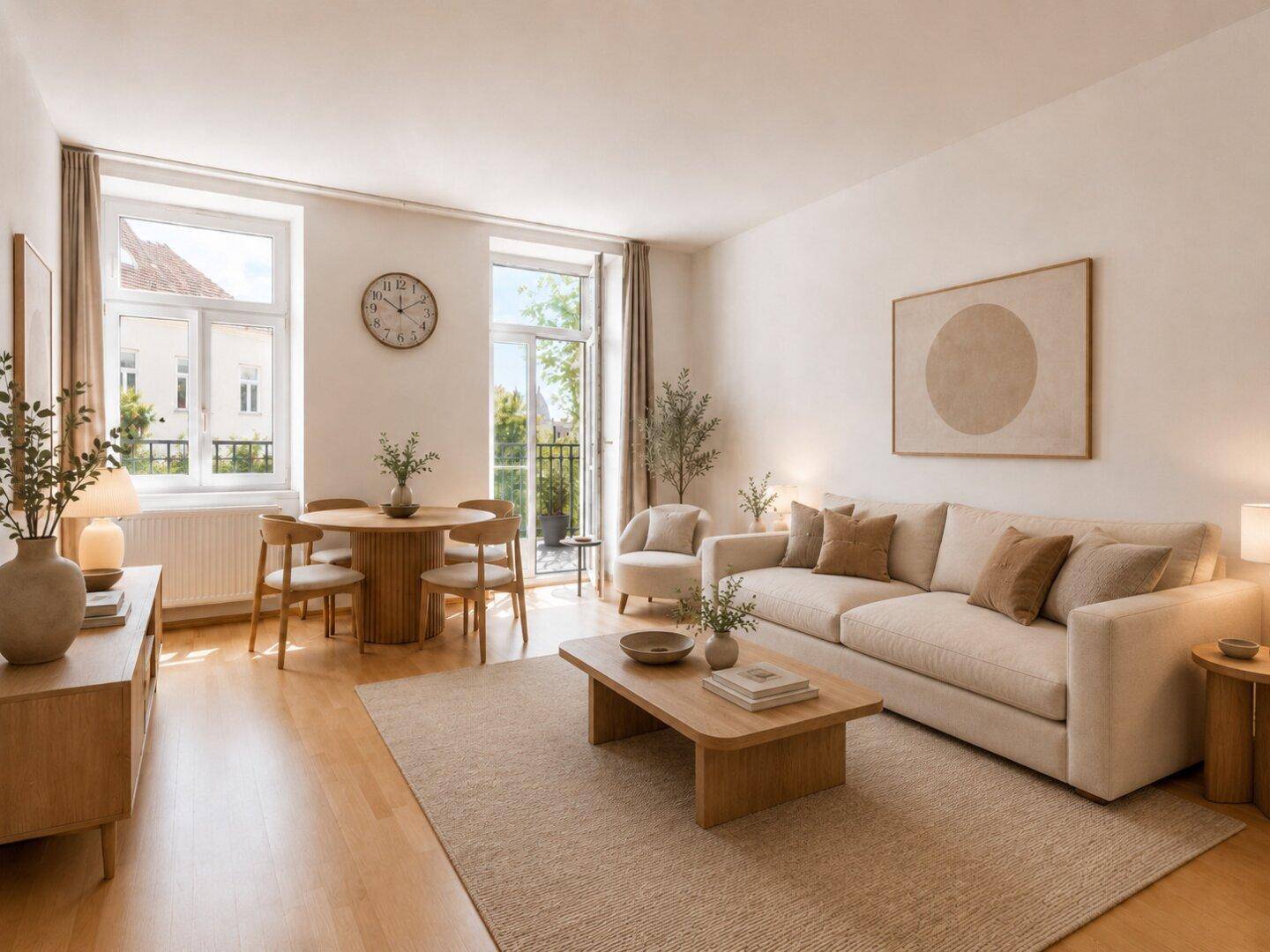 Lichtdurchfluteter Wohn-Essbereich mit moderner Einrichtung, Holzboden und Zugang zum französischen Balkon.