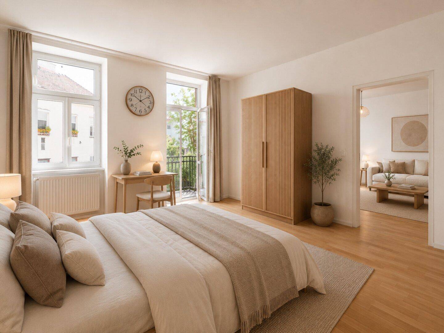Modernes Schlafzimmer mit Holzboden, Doppelbett, Schrank und Zugang zu einem kleinen Balkon.