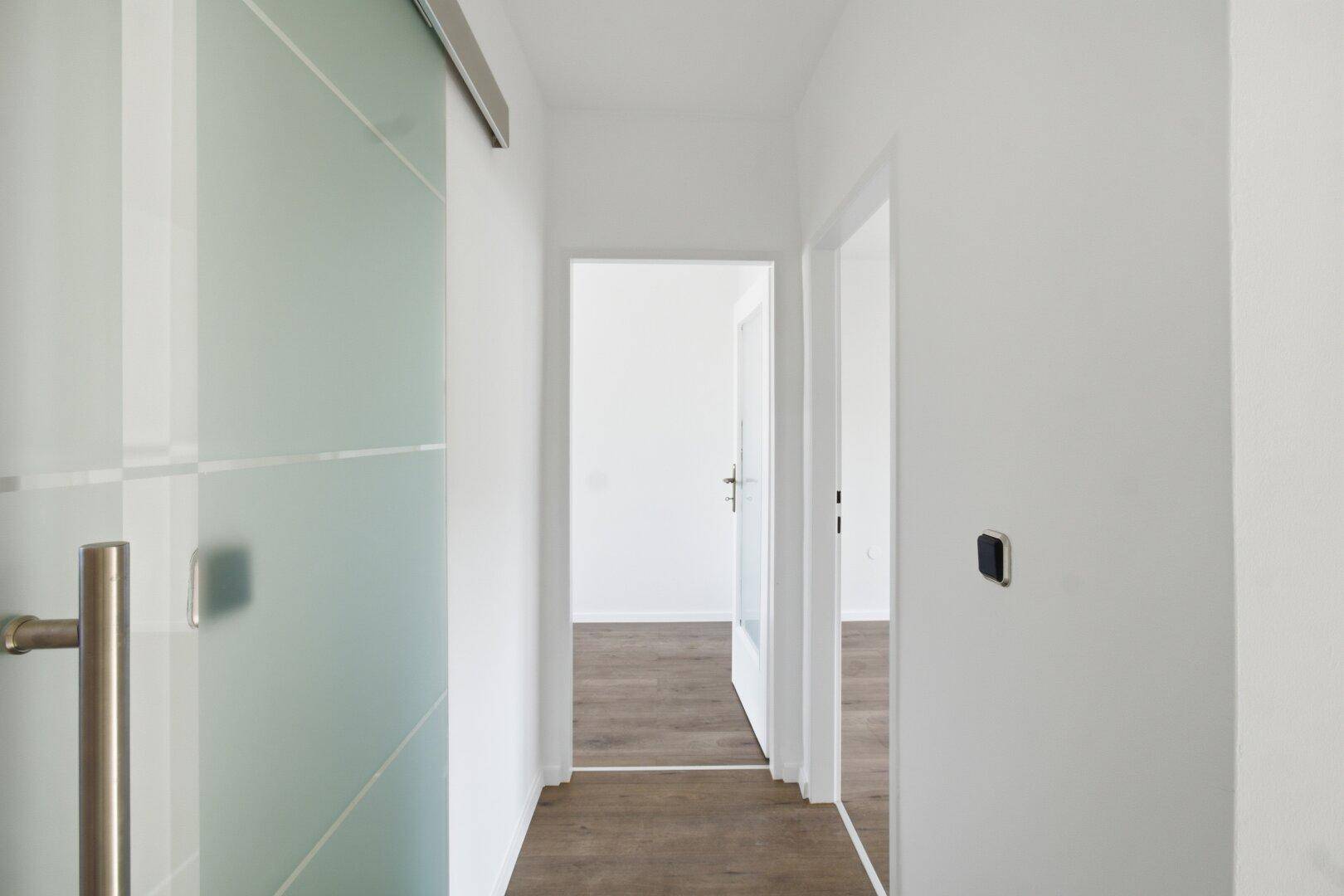 Moderner Flur mit Schiebetür aus Milchglas und dunklem Laminatboden.