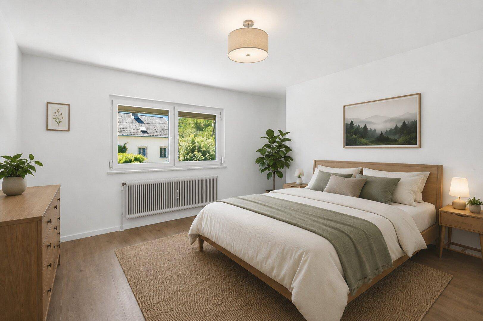 Modern eingerichtetes Schlafzimmer mit Holzbett, Laminatboden und Blick ins Grüne.