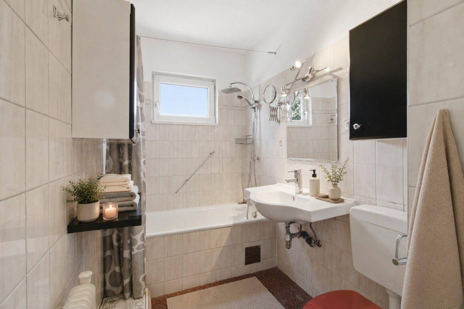 Helles Badezimmer mit Badewanne, Waschbecken, WC und Fenster, freundlich dekoriert.