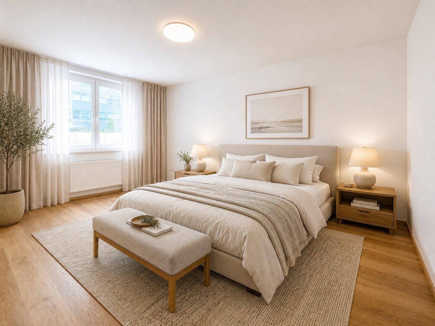 Gemütliches Schlafzimmer mit großem Bett, Nachttischen und hellem Holzfußboden.