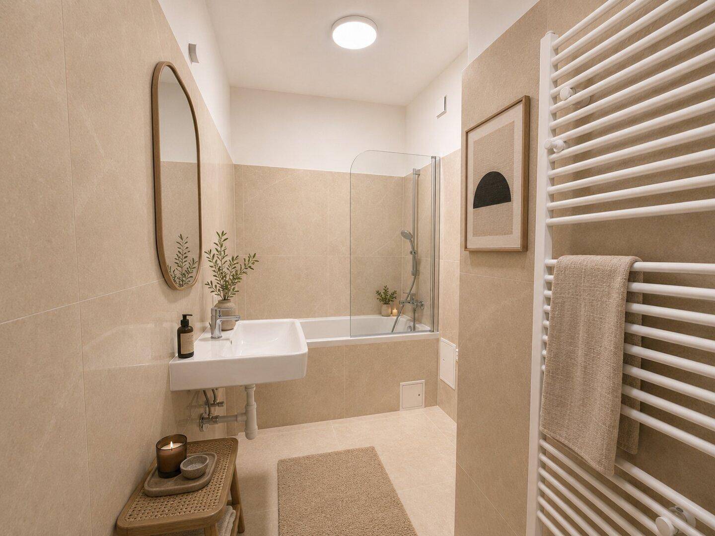 Modernes Badezimmer mit Badewanne, Duschabtrennung und beheiztem Handtuchhalter.
