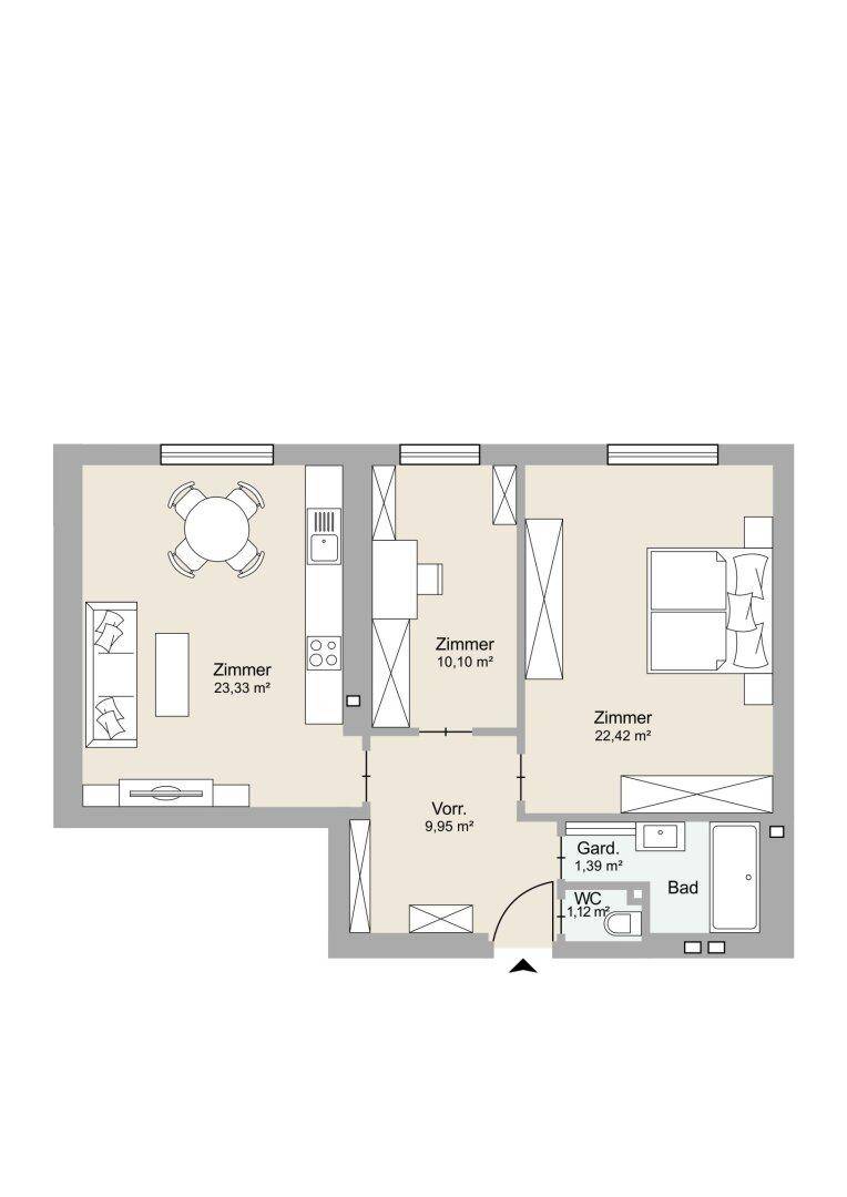 Grundriss einer Wohnung mit offenem Wohnbereich, Schlafzimmer und separatem WC.