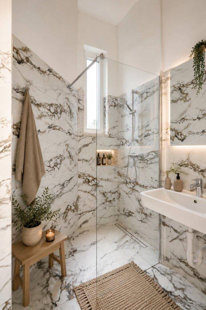 Modernes Badezimmer mit Marmorfliesen, begehbarer Dusche und Fenster.