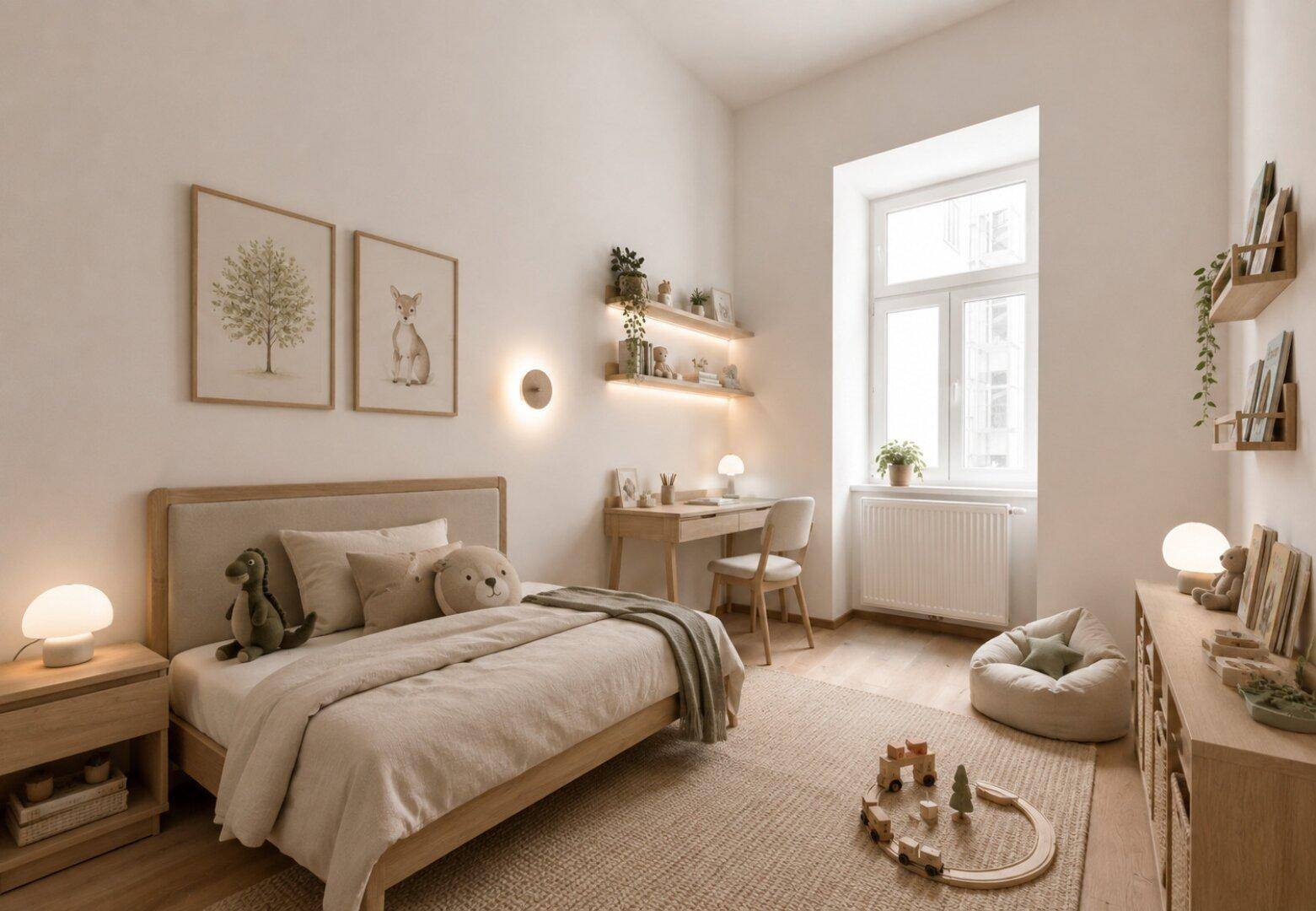 Kinderzimmer mit Holzboden, Fenster und kindgerechter, heller Einrichtung.