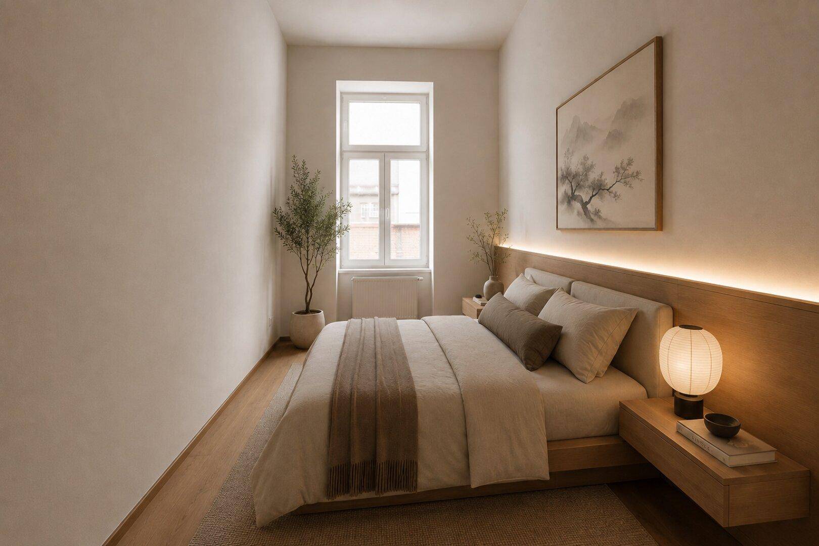 Modern eingerichtetes Schlafzimmer mit Holzbett, indirekter Beleuchtung und Parkettboden.