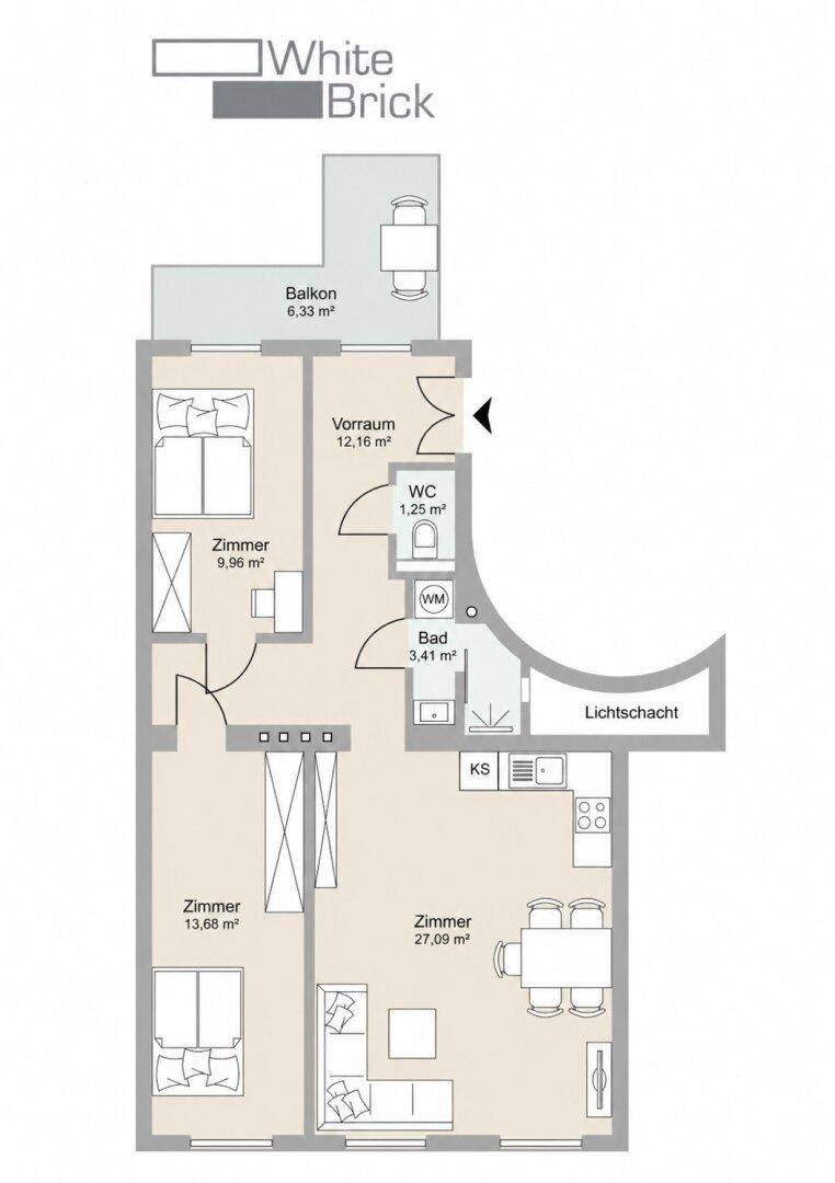 Grundriss einer Wohnung mit zwei Schlafzimmern, offenem Wohnbereich, Balkon und separatem WC.
