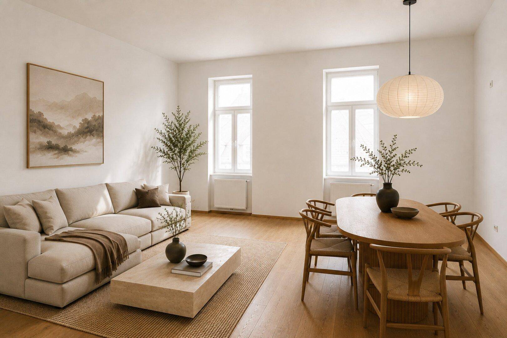 Lichtdurchfluteter Wohn- und Essbereich mit Holzboden und stilvoller Einrichtung.