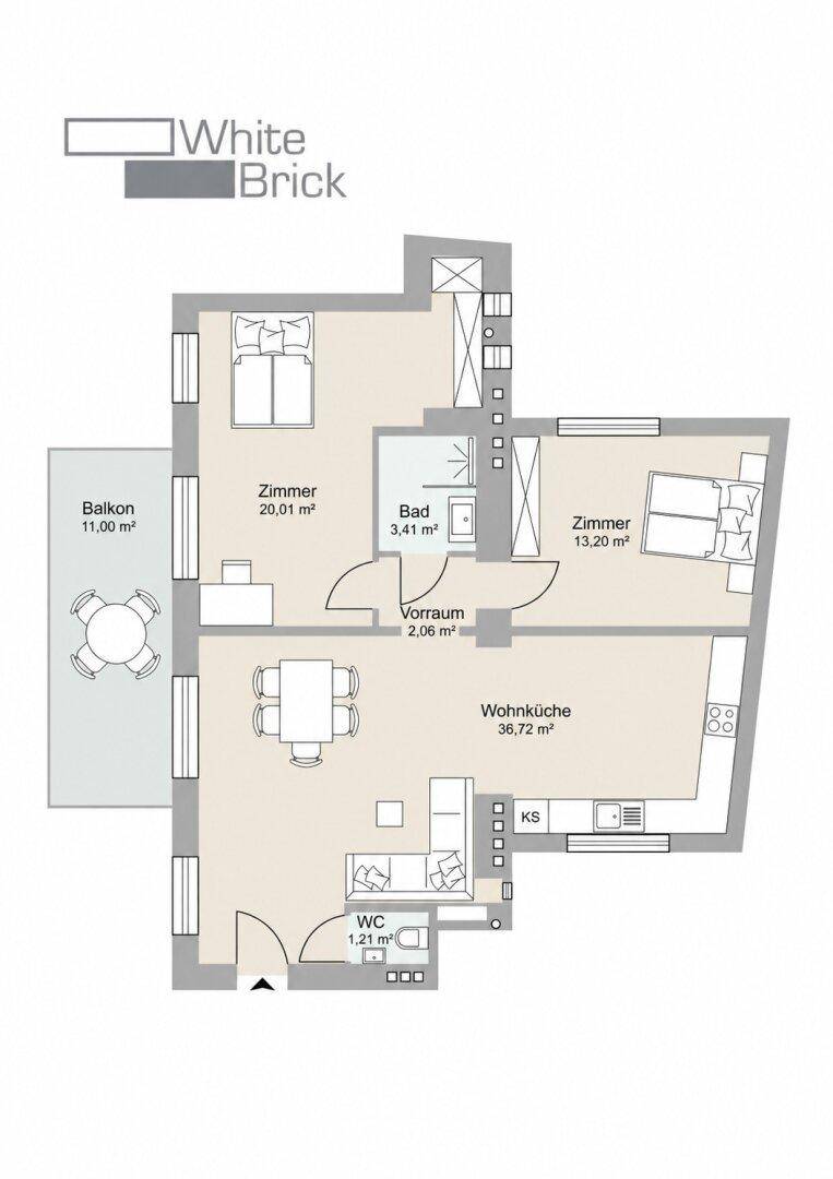 Grundriss einer Wohnung mit zwei Zimmern, Wohnküche, Bad, WC und Balkon.