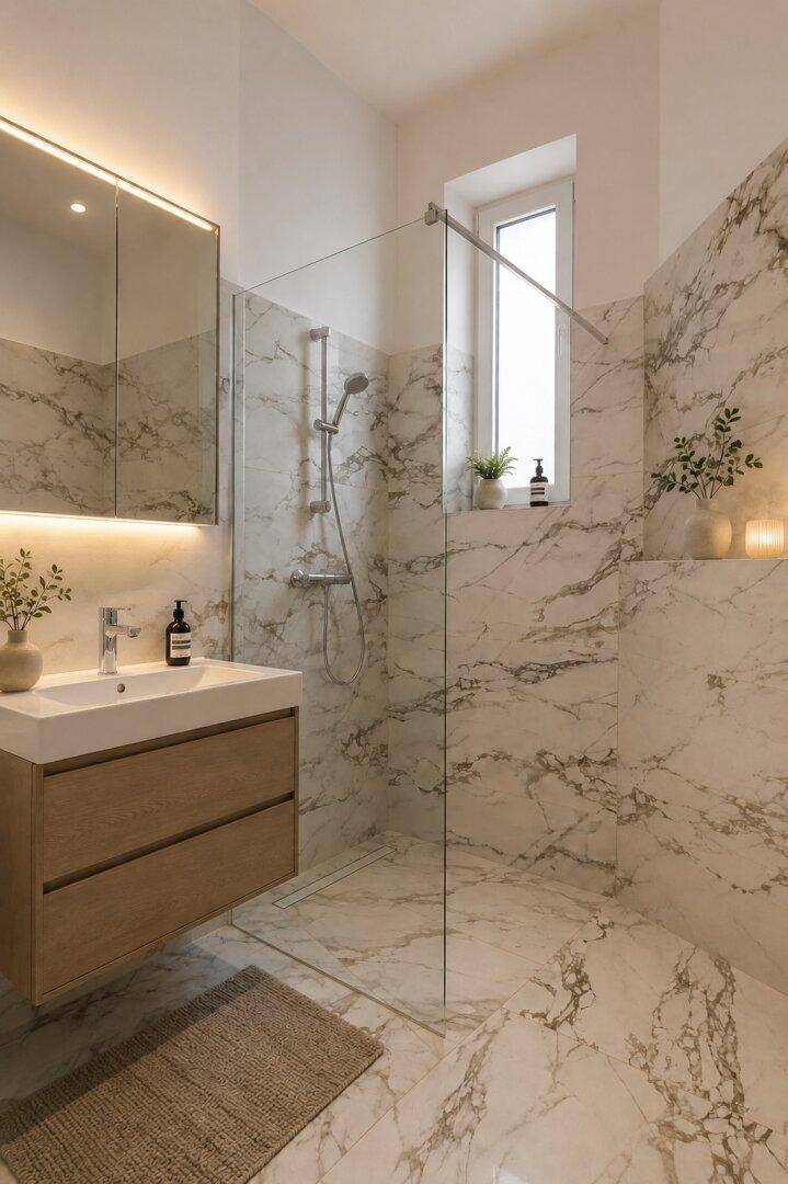 Modernes Badezimmer mit Marmorfliesen, begehbarer Dusche und elegantem Waschtisch.