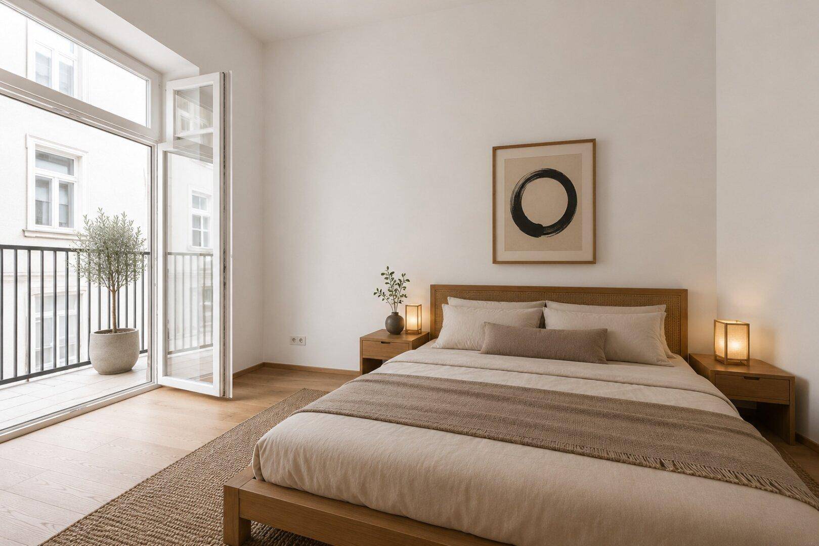 Modern eingerichtetes Schlafzimmer mit Holzboden und direktem Zugang zum französischen Balkon.