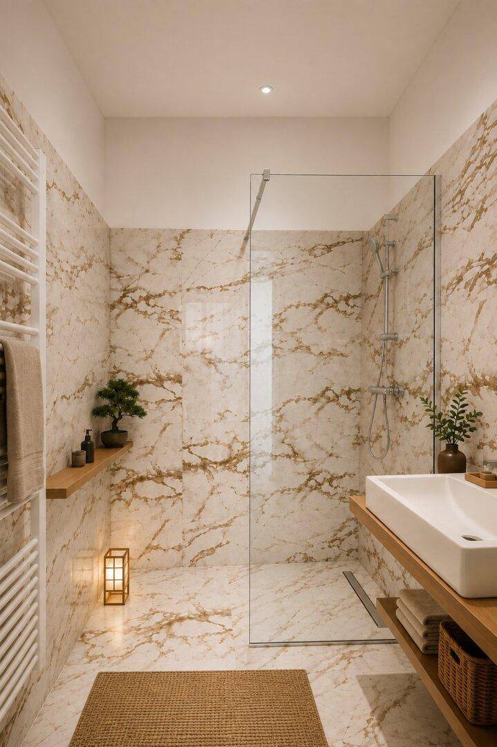 Modernes Badezimmer mit begehbarer Dusche, Marmorfliesen und Holzregalen.