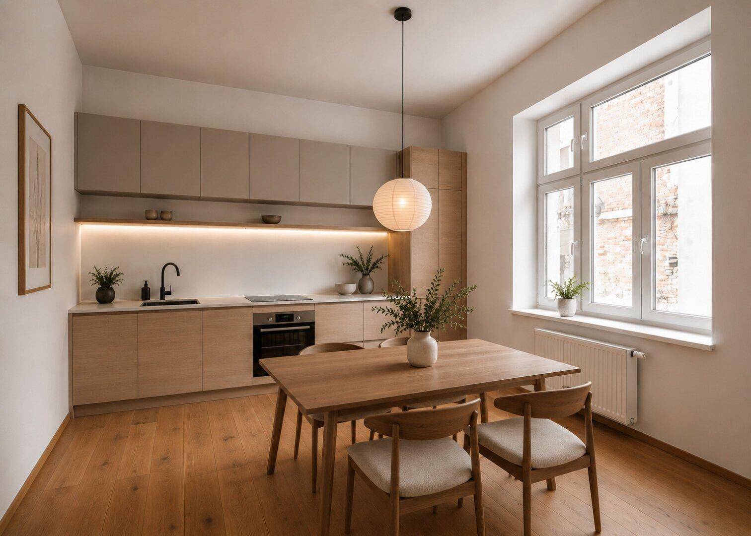Moderne Wohnküche mit Holzboden, integrierten Geräten und Essbereich am Fenster.