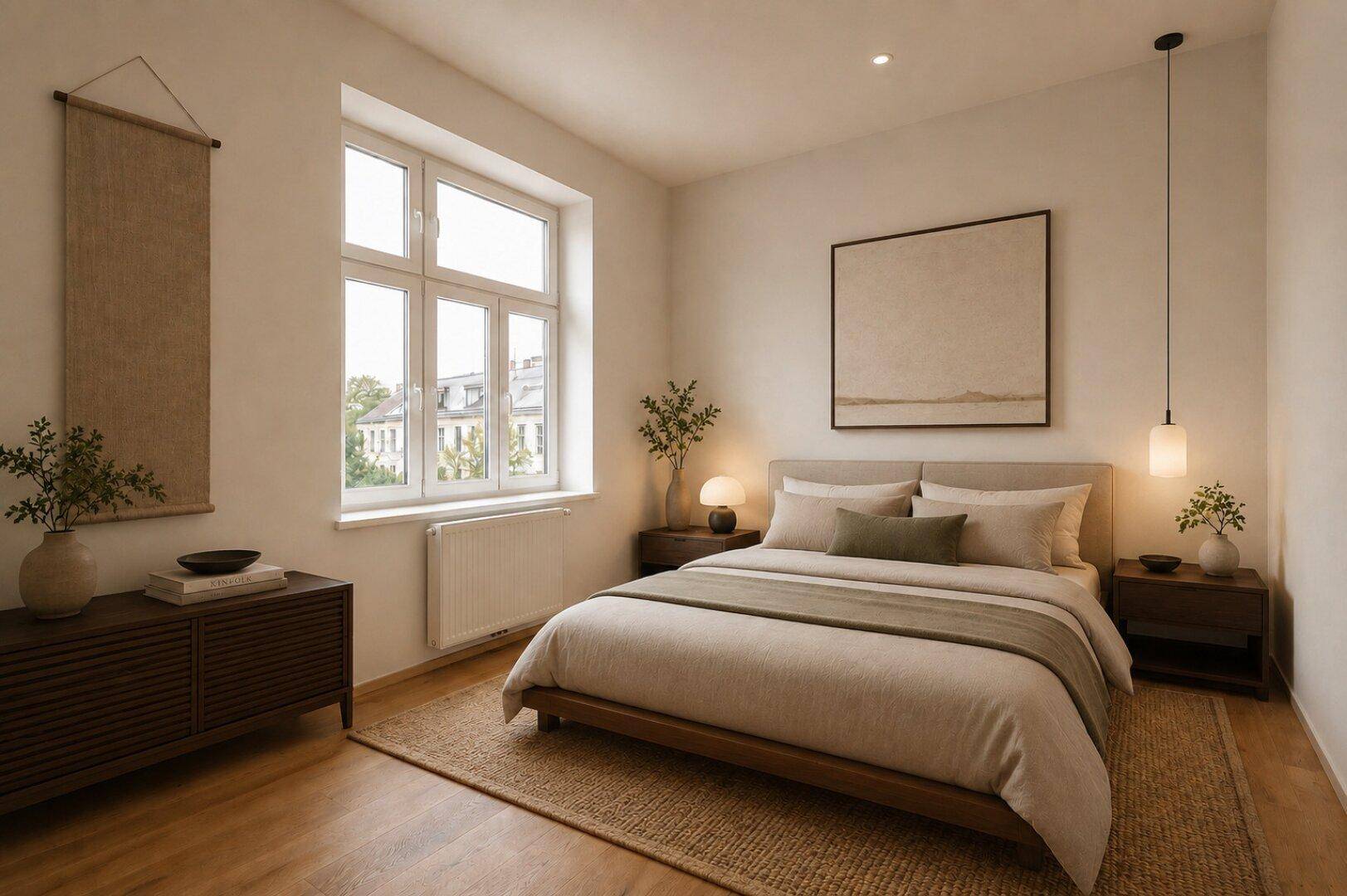 Gemütliches Schlafzimmer mit Holzboden, großem Fenster und moderner, beruhigender Dekoration.