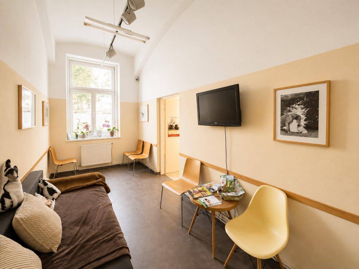 Heller Wartebereich mit Fenster, Wandfernseher und bequemen Sitzgelegenheiten.