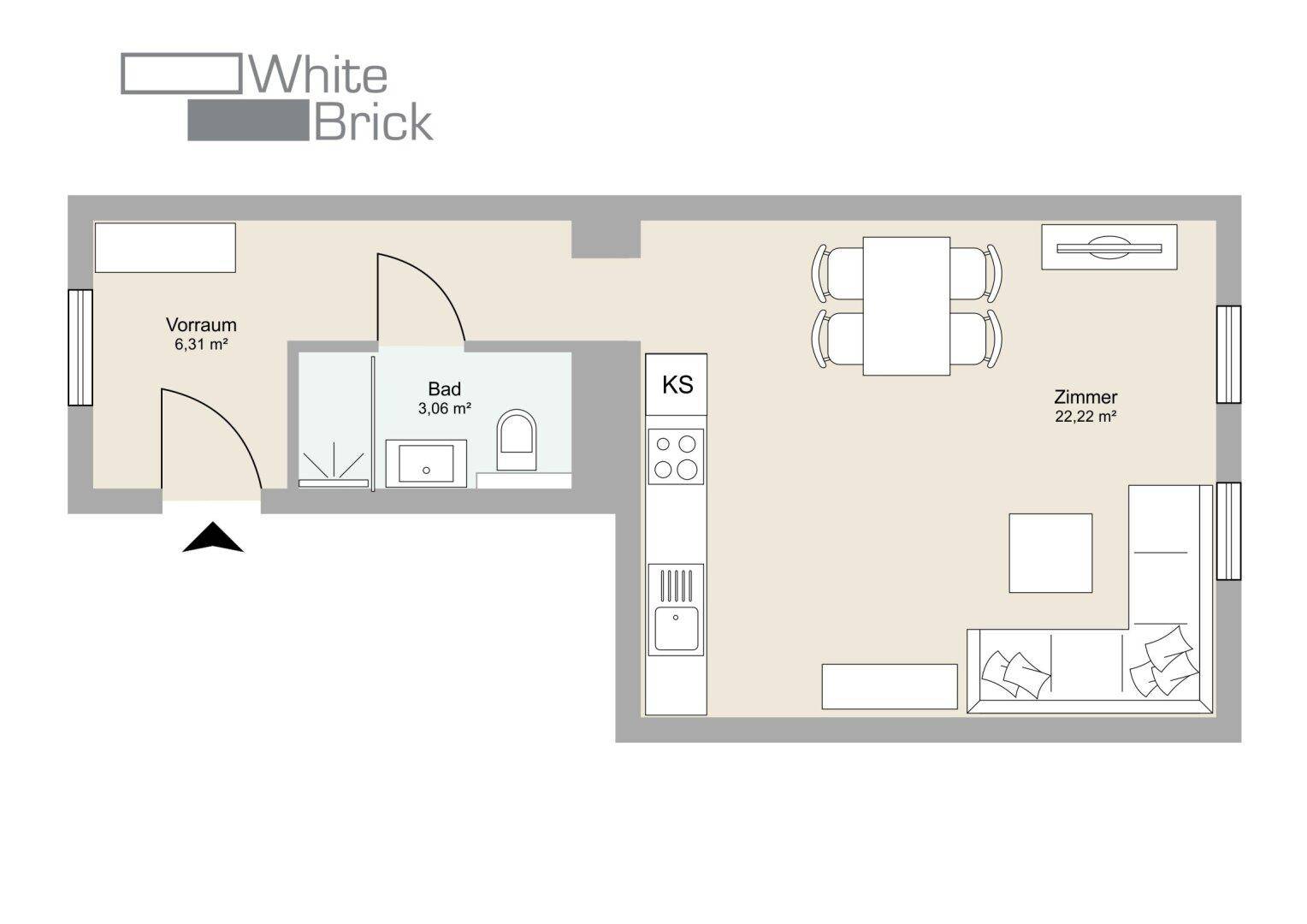 Grundriss einer Wohnung mit Vorraum, Bad und offenem Wohn-Essbereich inklusive Balkon.