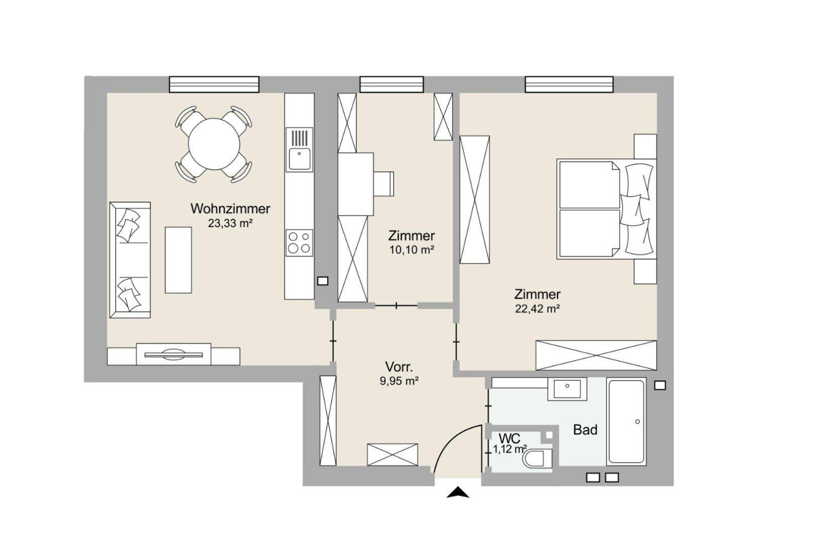 Grundriss einer Wohnung mit offenem Wohnbereich, zwei Schlafzimmern, einem Badezimmer und separatem Gäste-WC.