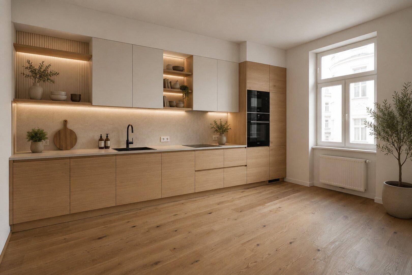 Moderne Einbauküche mit Holz- und weißen Fronten, integrierten Geräten und indirekter Beleuchtung, sehr funktional.