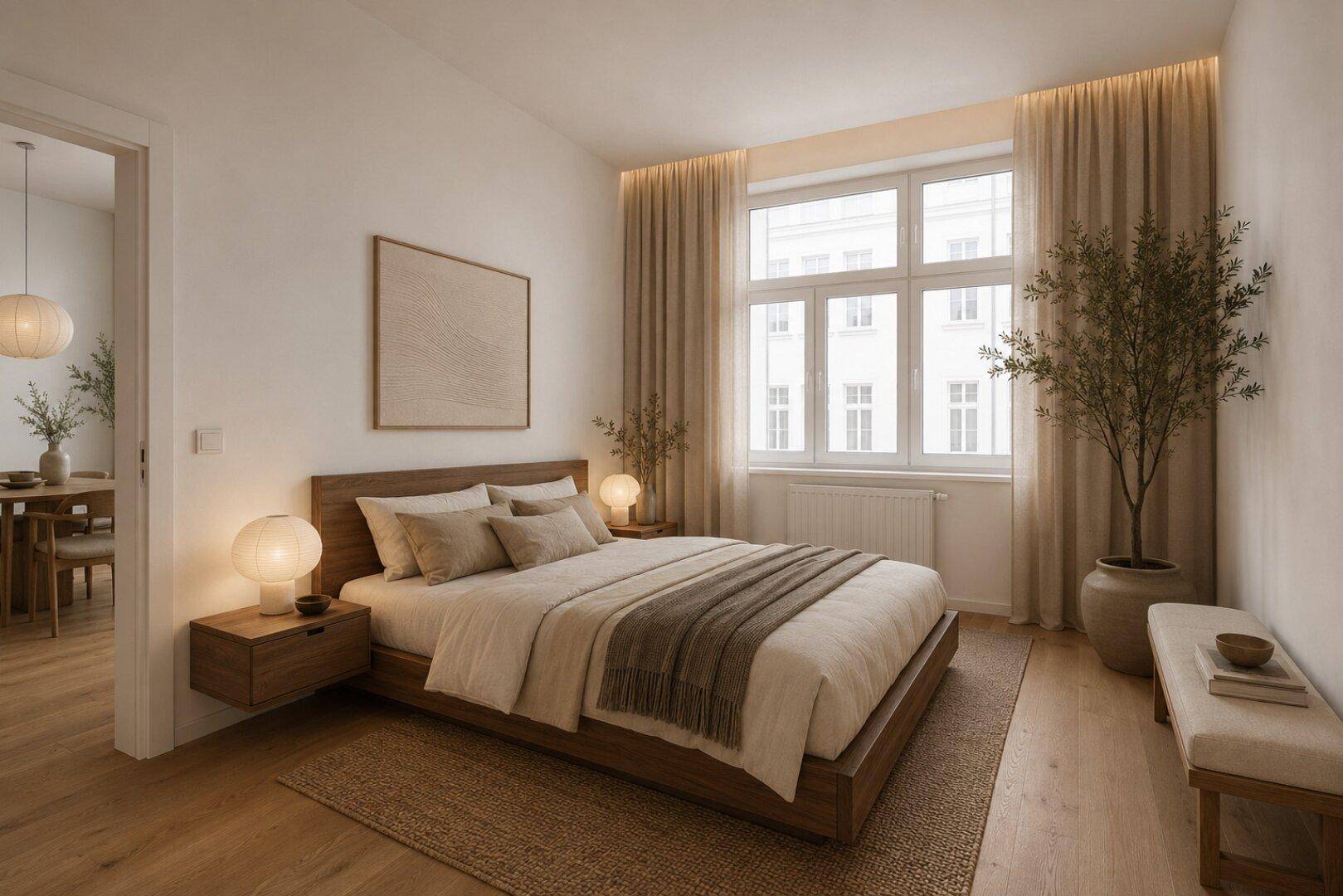 Gemütliches Schlafzimmer mit Holzbett, Nachttischen und großen Fenstern, hell und modern eingerichtet für Komfort.
