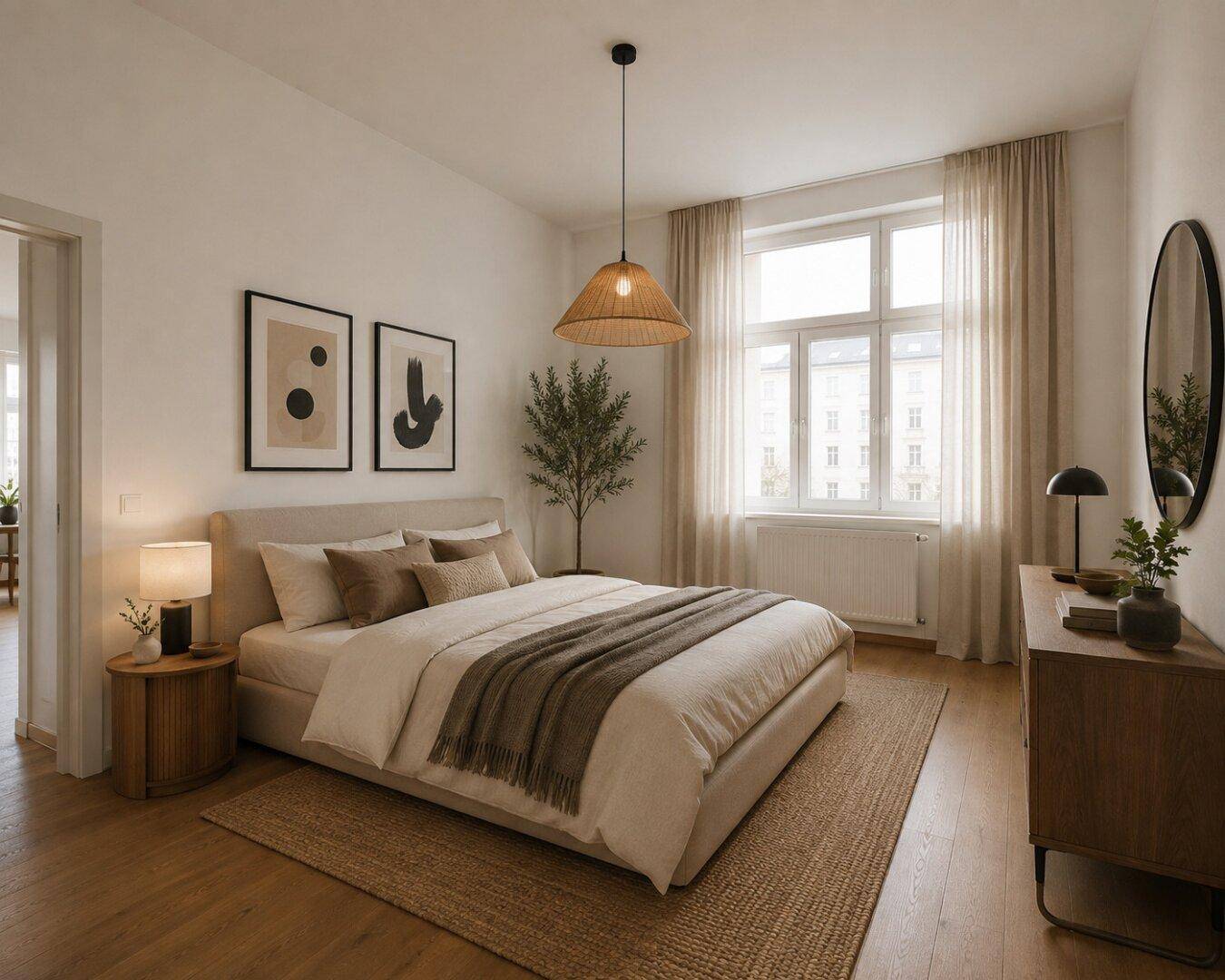 Helles Schlafzimmer mit Doppelbett, Holzboden und großen Fenstern, modern eingerichtet.