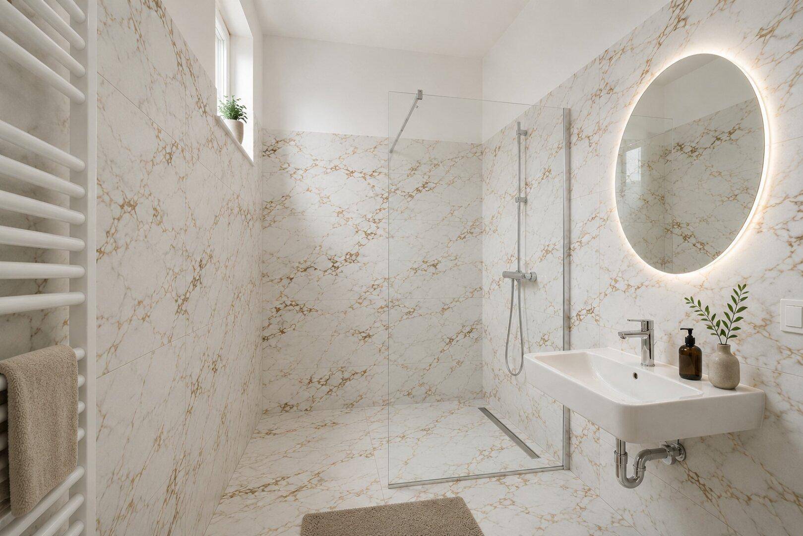 Modernes Badezimmer mit begehbarer Dusche, Marmorfliesen und beleuchtetem Spiegel.