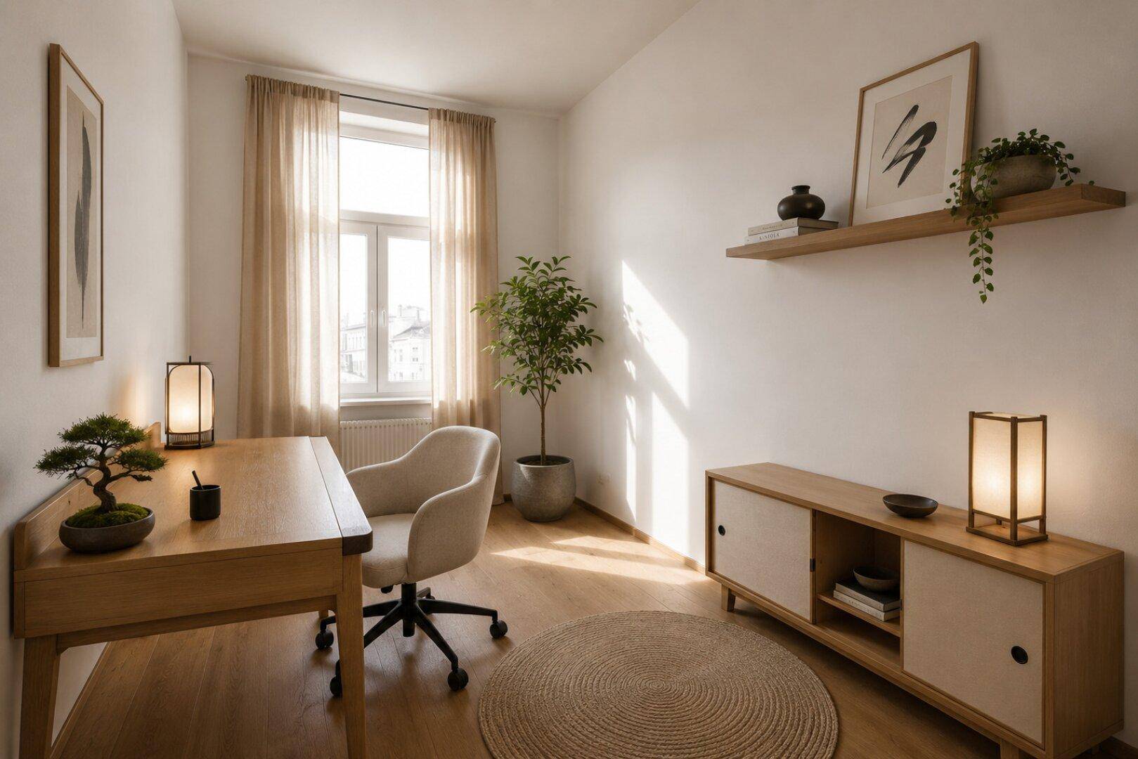 Ruhiges Arbeitszimmer mit Holztisch, Regalen und natürlichem Licht, modern eingerichtet.