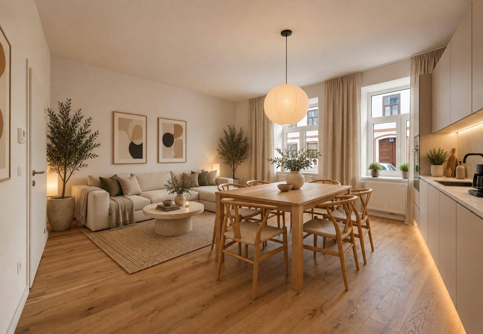 Gemütlicher Wohn-Essbereich mit offener Küche, Holzboden und moderner, heller Einrichtung.