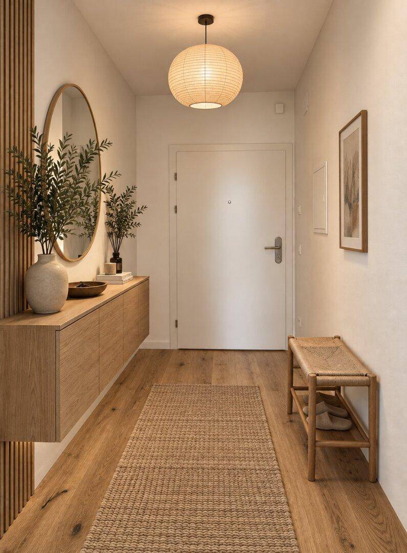 Moderner Flur mit Holzboden, Spiegel, schwebendem Sideboard und stilvoller Beleuchtung.