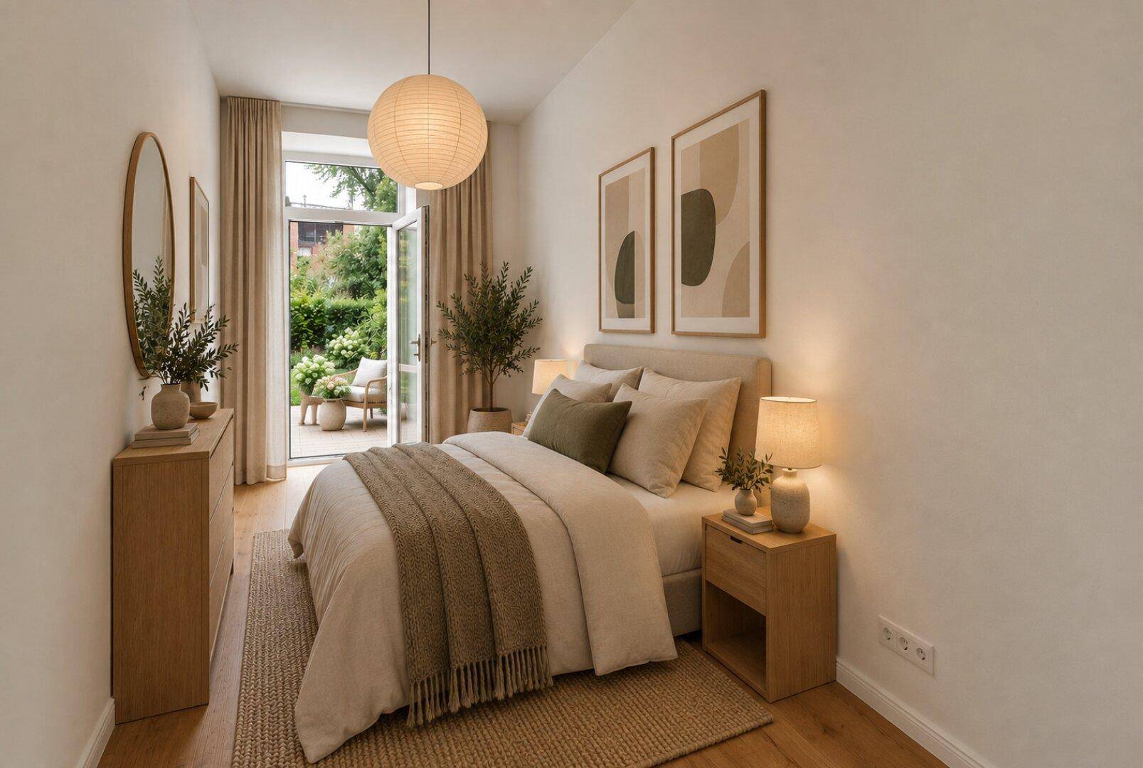 Helles Schlafzimmer mit Holzboden, modernem Bett und Zugang zu einem grünen Außenbereich.