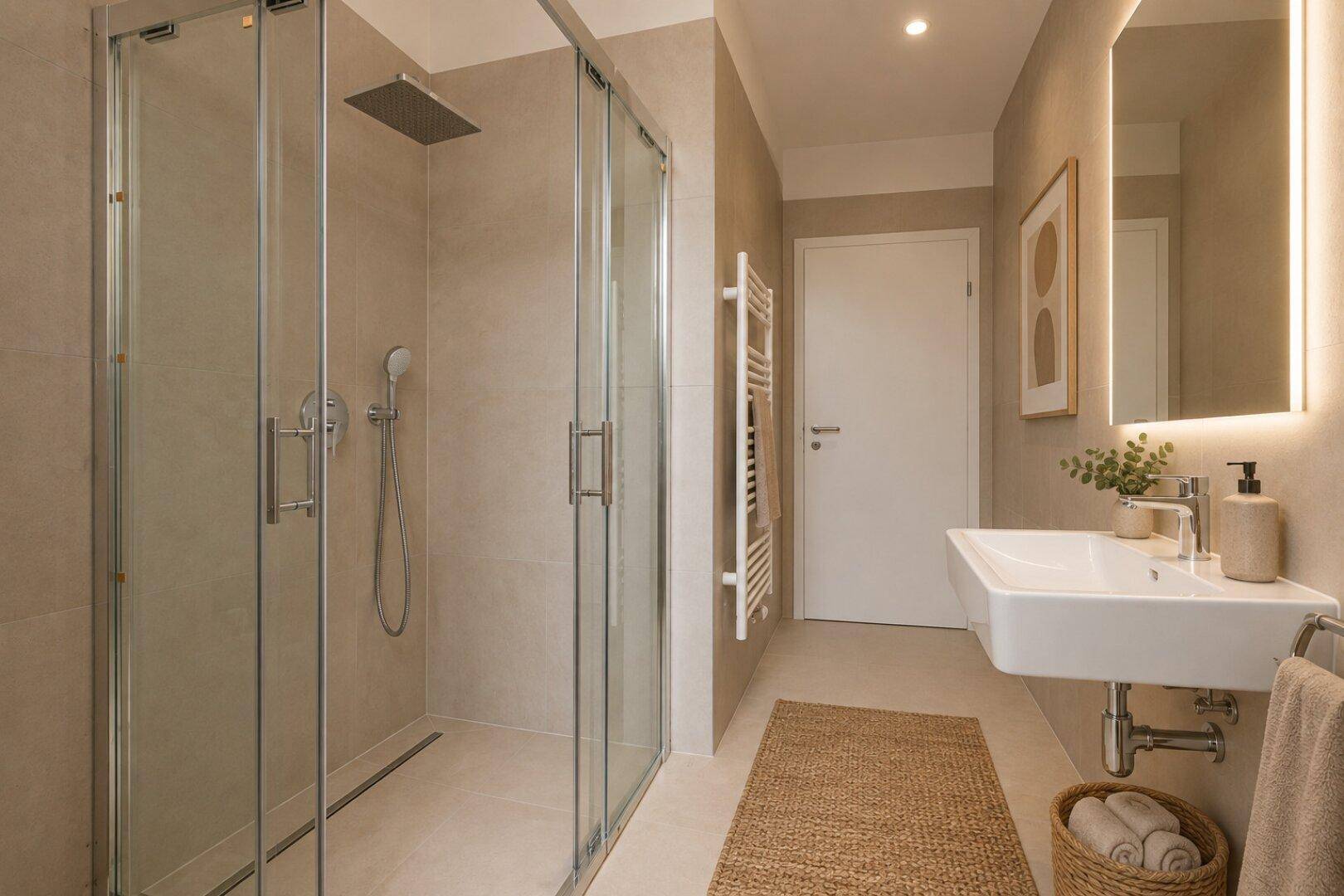 Modernes Badezimmer mit begehbarer Dusche, Einzelwaschbecken und beheiztem Handtuchhalter.