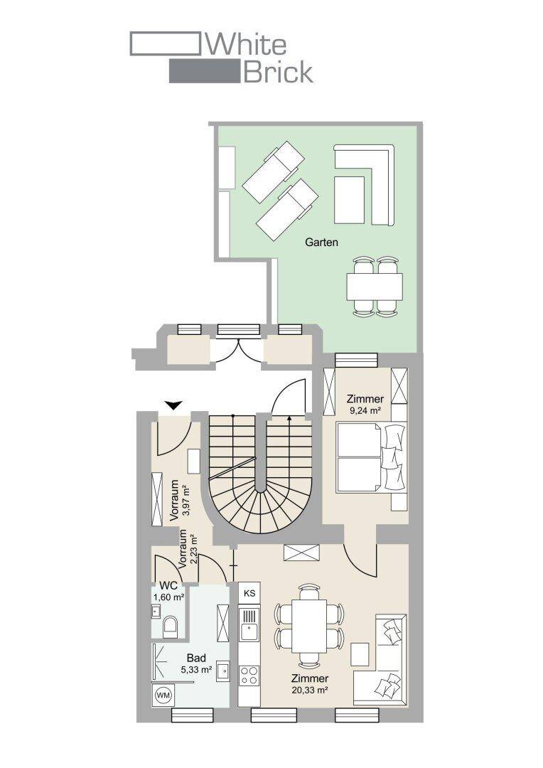 Grundriss zeigt eine Wohneinheit mit offenem Wohnbereich, separatem Schlafzimmer, Bad, WC und Garten.
