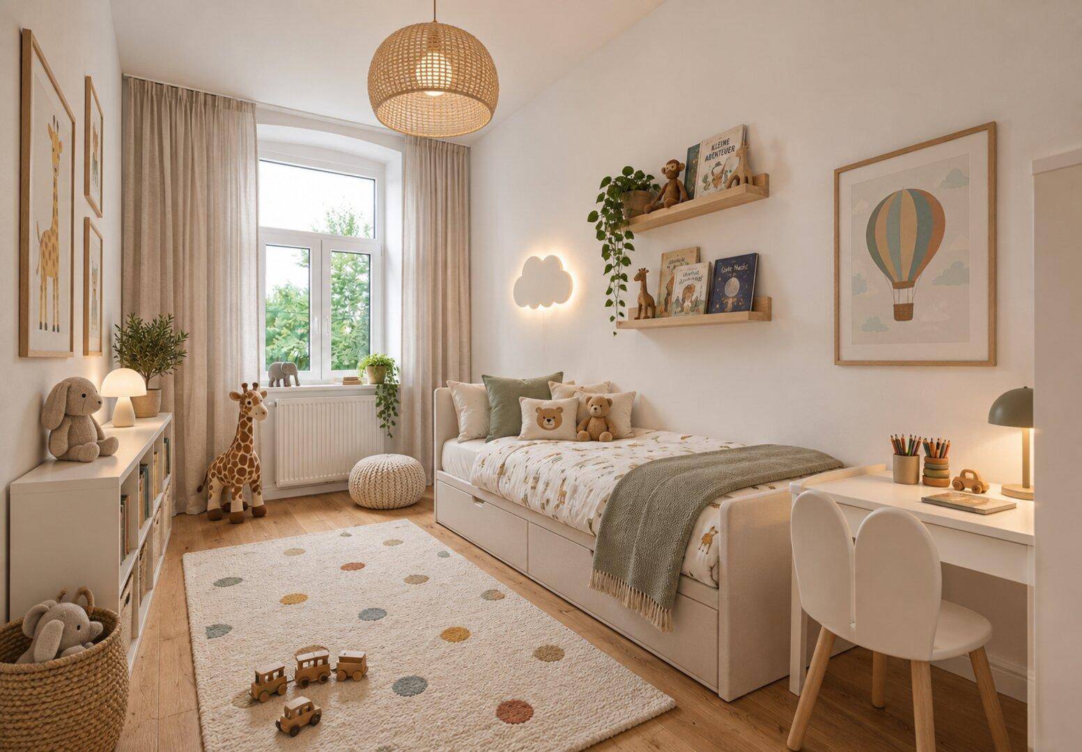 Freundliches Kinderzimmer mit Holzboden, hellem Fenster und spielerischer Dekoration, ideal für kleine Bewohner.