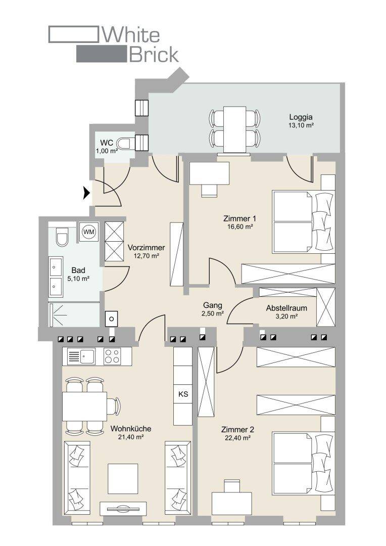 Grundriss einer modernen Wohnung mit offener Wohnküche, zwei Schlafzimmern, Bad, separatem WC und einer Loggia.
