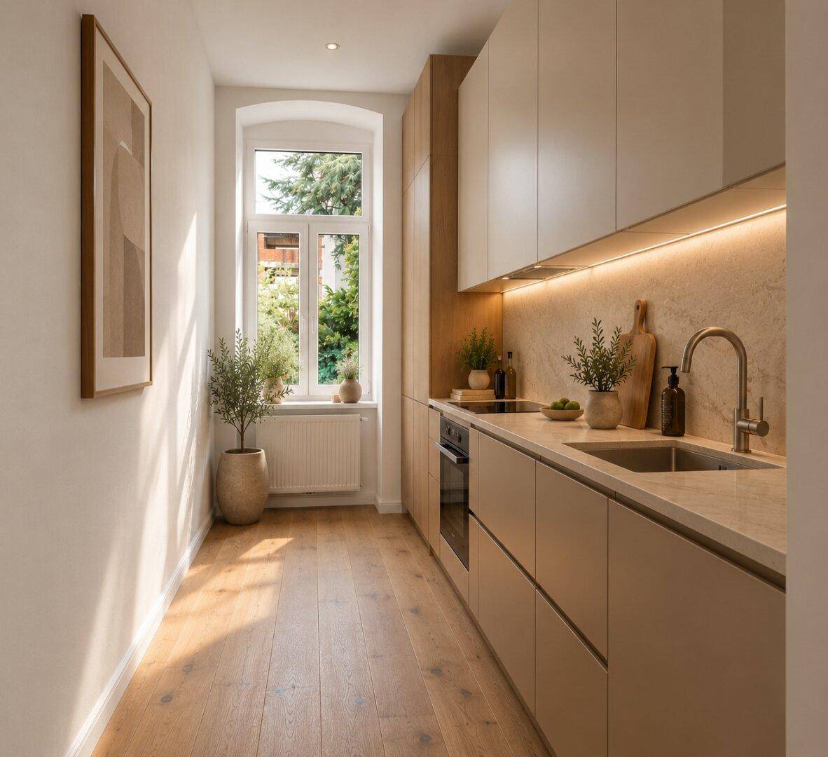Moderne, schmale Küche mit Holzelementen, heller Arbeitsplatte und Fenster mit Blick ins Grüne.