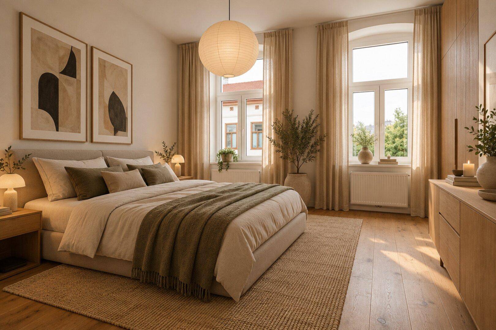Gemütliches Schlafzimmer mit großem Bett, Holzboden und Vorhängen an den hohen Fenstern.