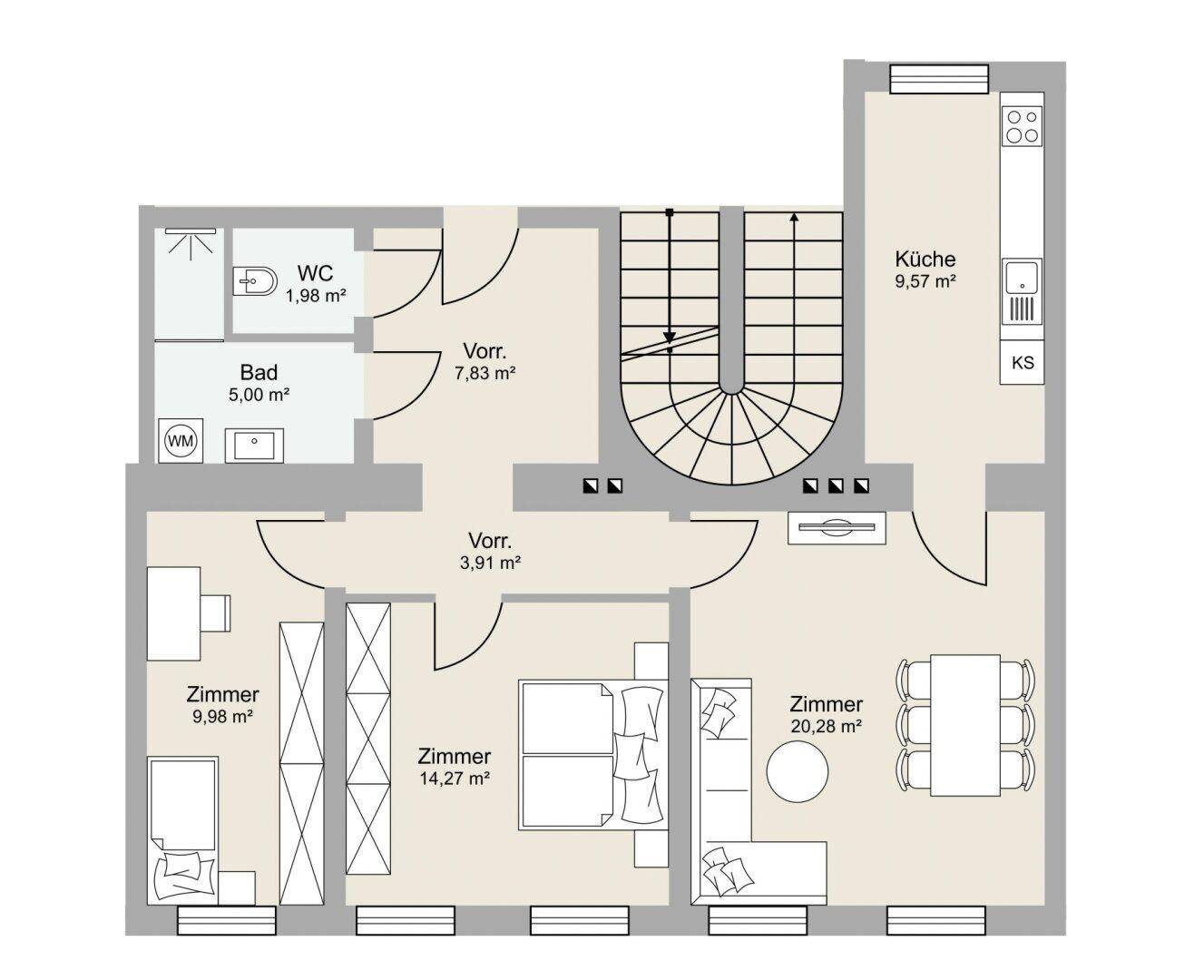 Grundriss des Erdgeschosses mit Zimmern, Bad, WC und Küche, insgesamt 125m² Wohnfläche.