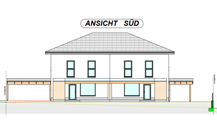 Architektonische Ansicht der Südfassade des Gebäudes mit großen Fenstern und Carports.