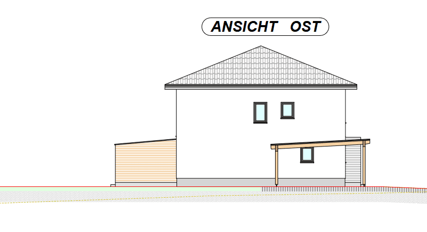 Architektonische Ansicht der Ostfassade des Gebäudes mit Carport und schrägem Dach.