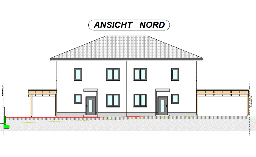 Architektonische Ansicht der Nordfassade des Gebäudes mit Eingangstüren und Carports.