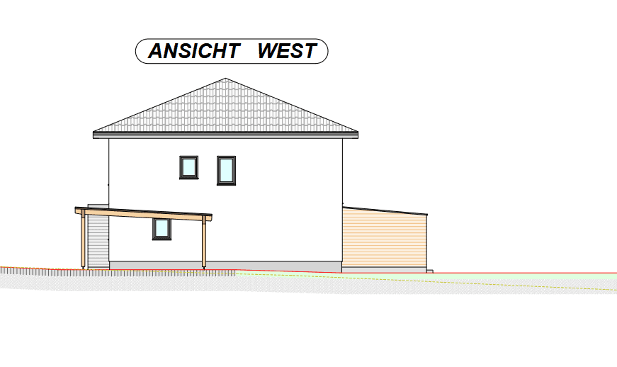 Architektonische Ansicht der Westfassade des Gebäudes mit Carport und schrägem Dach.