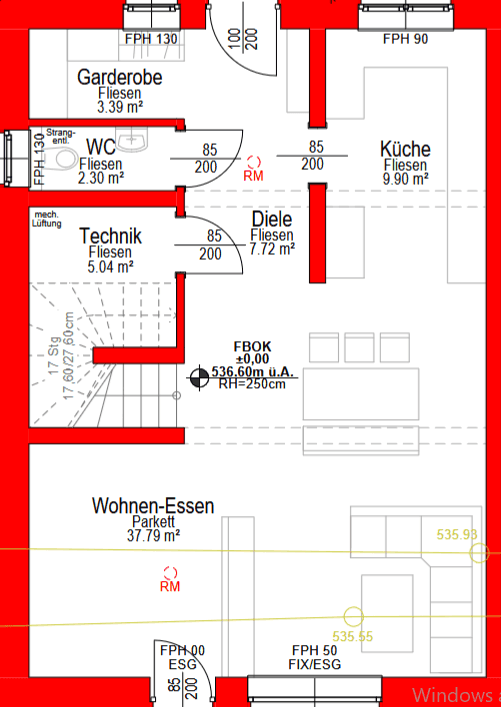 Grundriss des Erdgeschosses mit offenem Wohn-Essbereich, Küche und Gäste-WC.