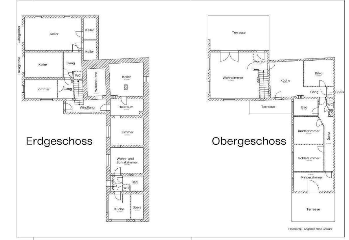 Grundrisspläne für Erdgeschoss und Obergeschoss mit Raumaufteilung und Terrassen.
