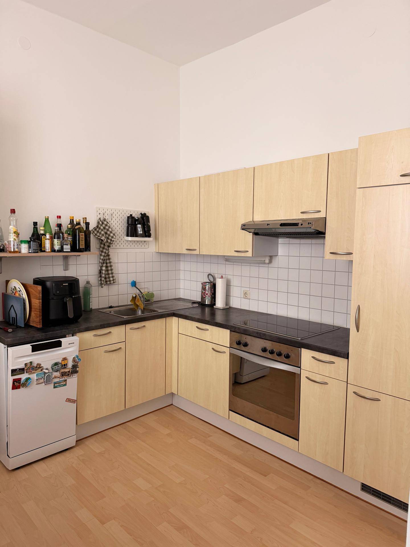 Funktionale Küche mit hellen Holzschränken, Spülmaschine und Induktionskochfeld.