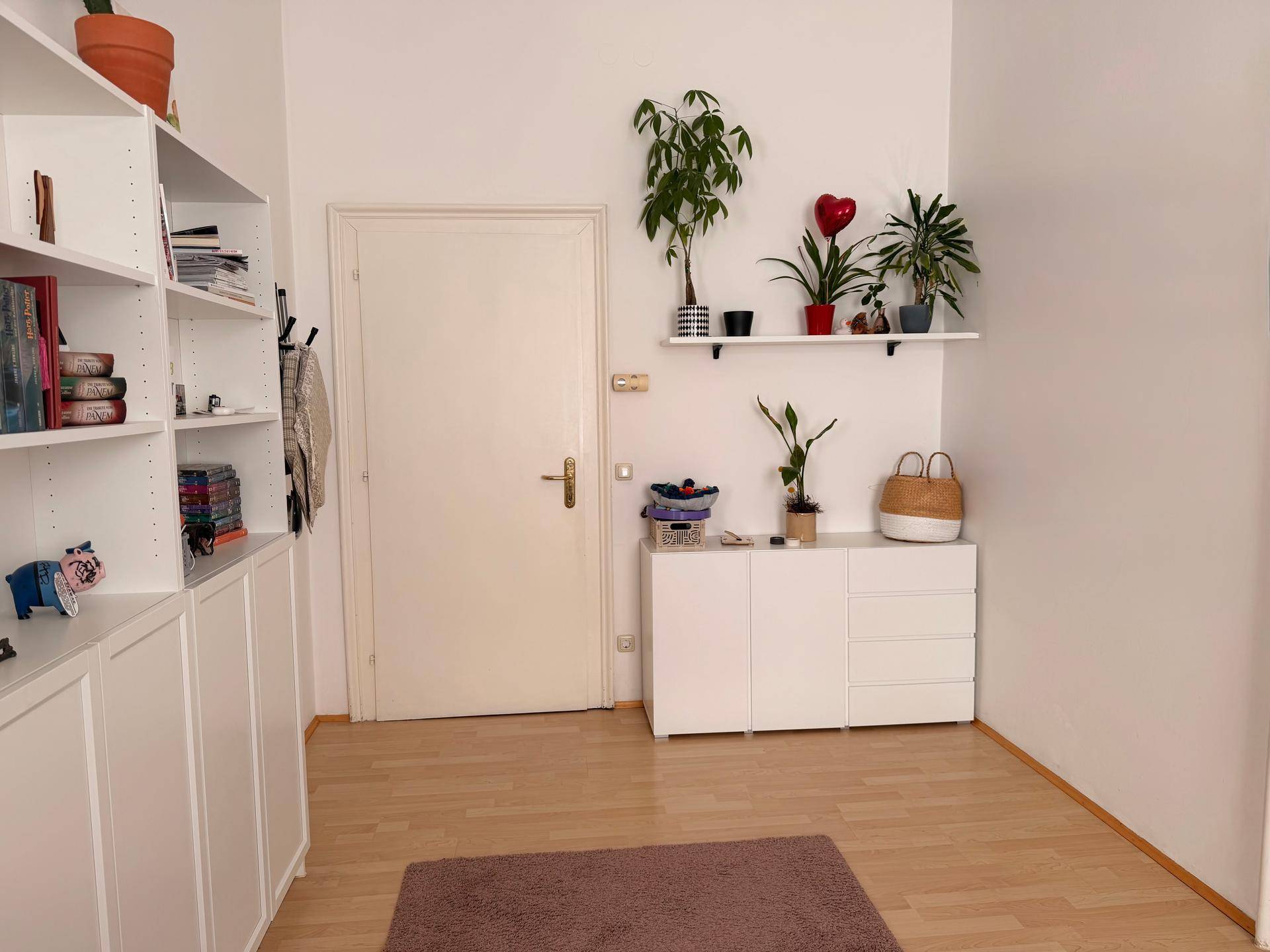 Heller Eingangsbereich mit Holzfußboden, weißen Regalen und dekorativen Pflanzen.