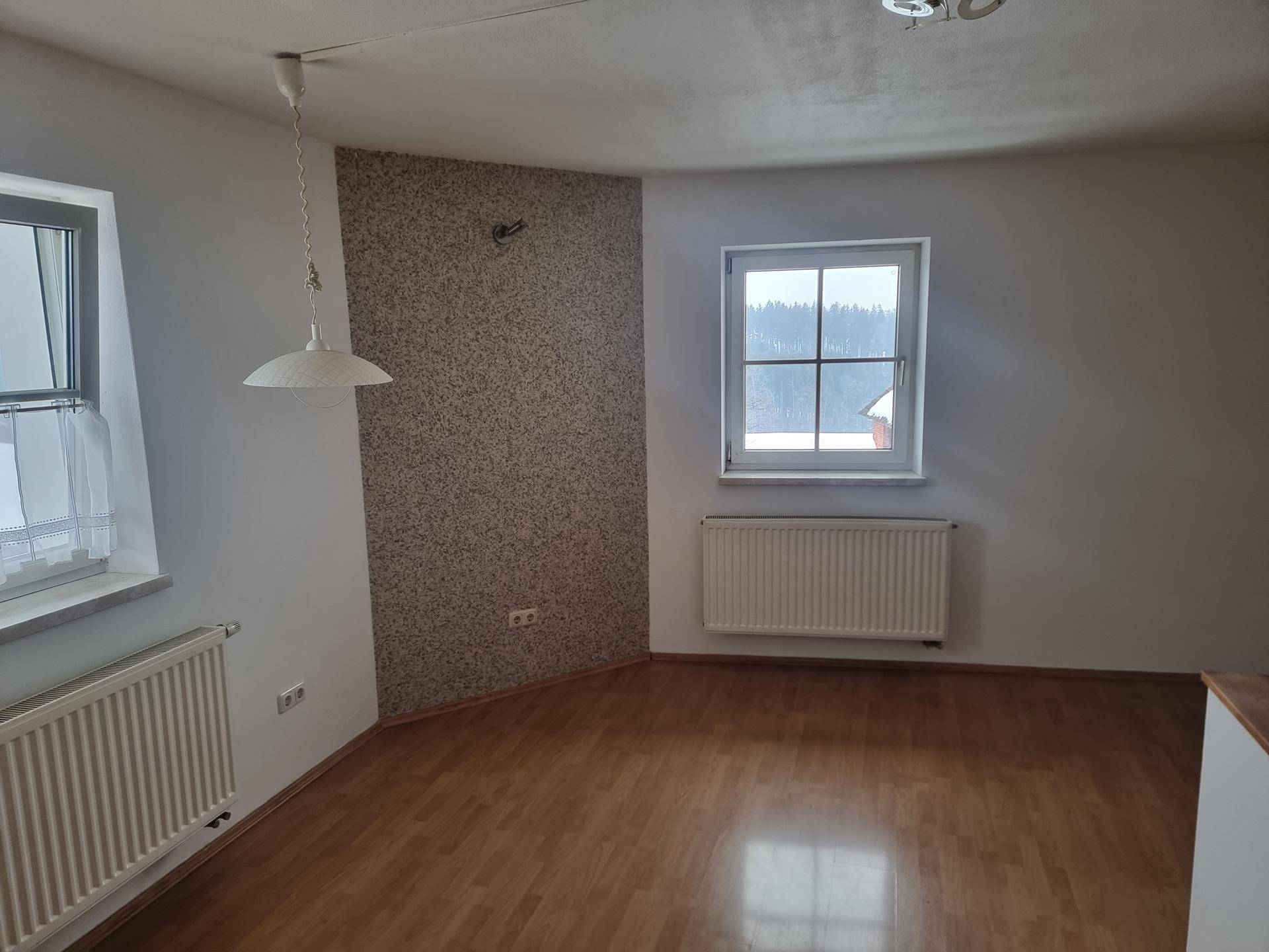 Heller Wohnraum mit Laminatboden, Akzentwand und Ausblick ins Grüne.