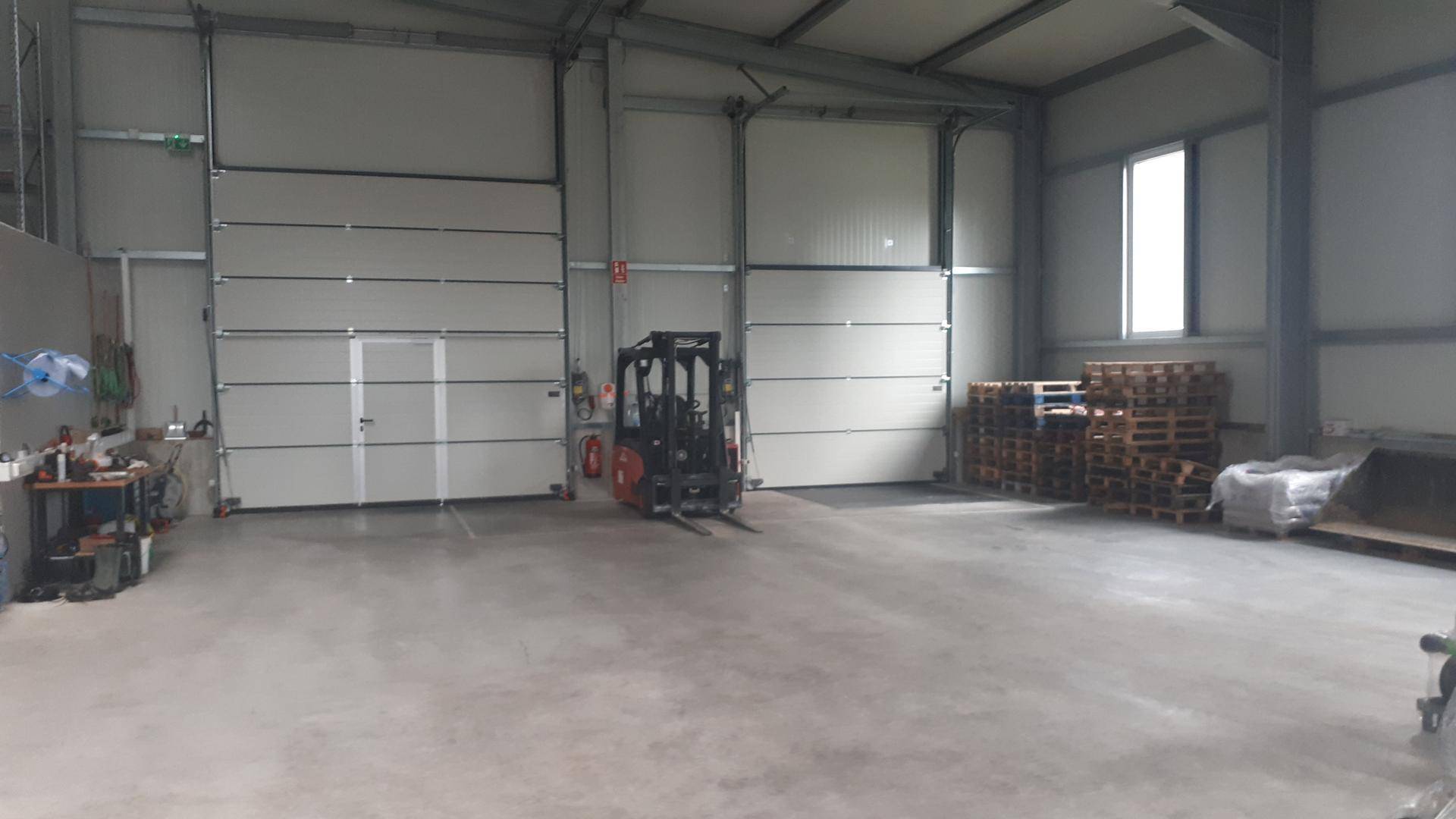 Geräumige Lagerhalle mit Betonboden, hohen Decken und großen Rolltoren, ausgestattet mit einem Gabelstapler.