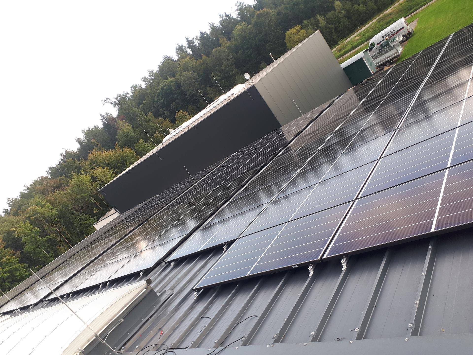 Dach eines Gewerbegebäudes mit zahlreichen Photovoltaikmodulen zur Energiegewinnung, umgeben von Bäumen.